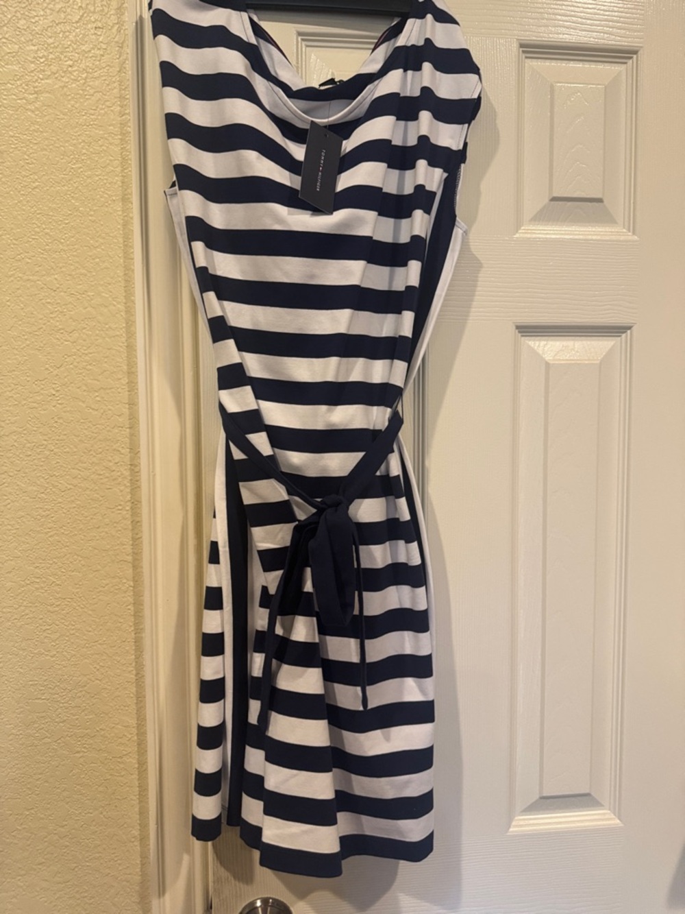 Tommy Hilfiger Navy and White Striped Midi Dress with Waist Tie
